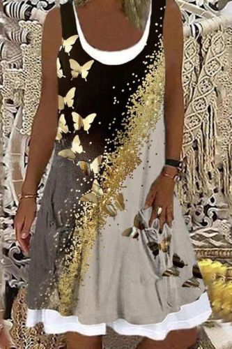 Butterfly Print Sleeveless Fake Two-piece Loose Casual Dress