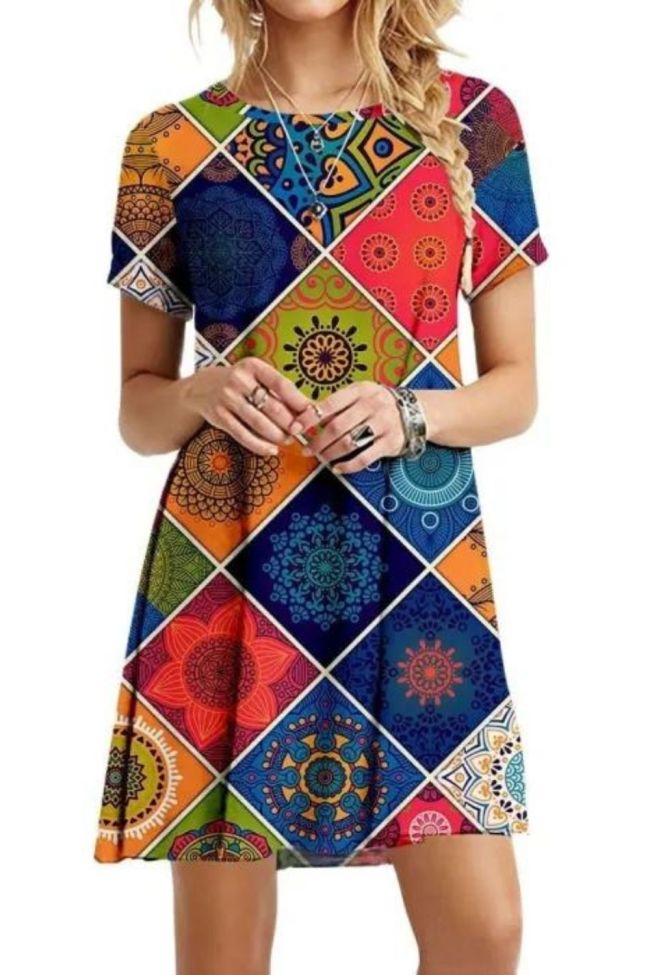 Fashion Printed O-Neck Bohemian Sweet Casual Ruffle Dress