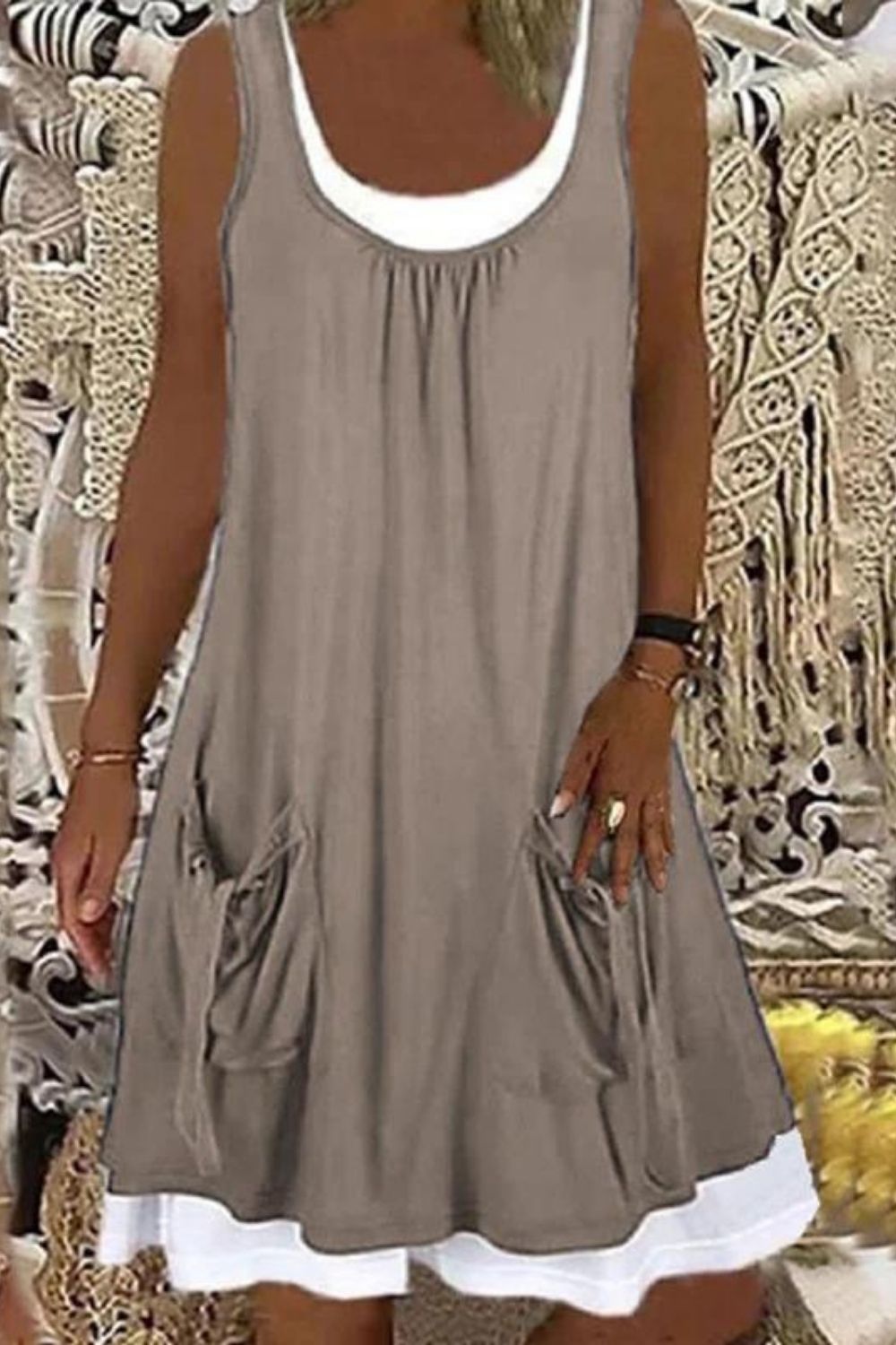 Women's Sleeveless Pocket Solid Color Bohemian Tank Top Casual Loose Dress