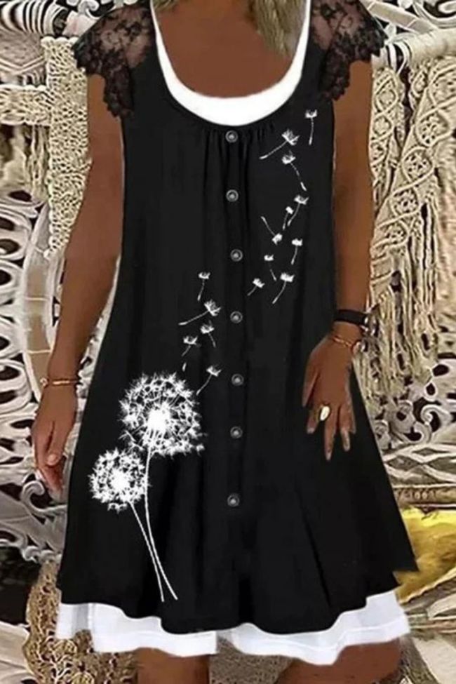 Sexy Lace Button O-Neck Print Casual Two-Piece Dress