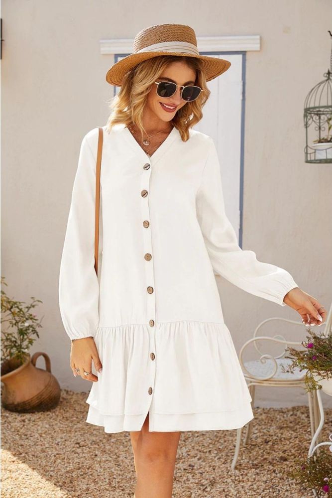 V Neck Button Long Sleeve Solid Color Mini Fashion Loose Casual Dress