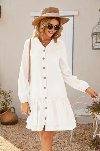 V Neck Button Long Sleeve Solid Color Mini Fashion Loose Casual Dress