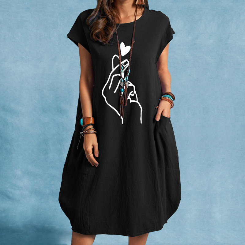 Casual O-Neck Heart Printed Linen Loose Dress