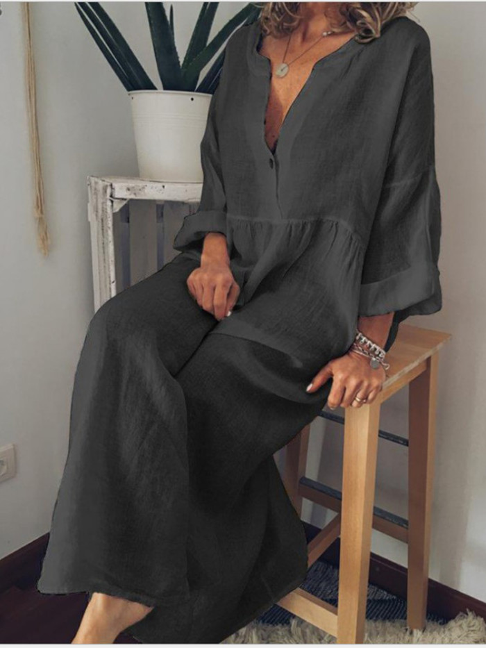 Cotton Linen Long Sleeve V-neck Casual  Vintage Maxi Dress