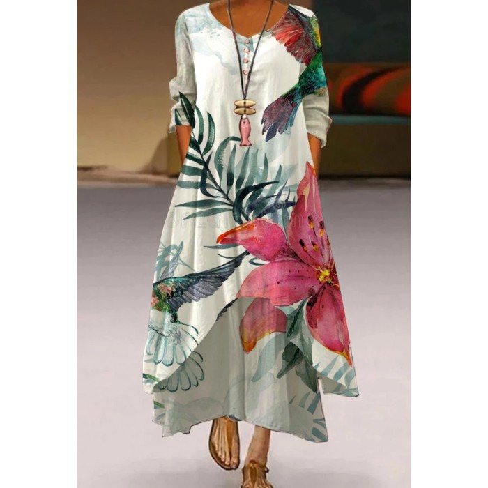 Fashion Peacock Feather Floral Bubble Short Sleeve Party  Maxi Dress