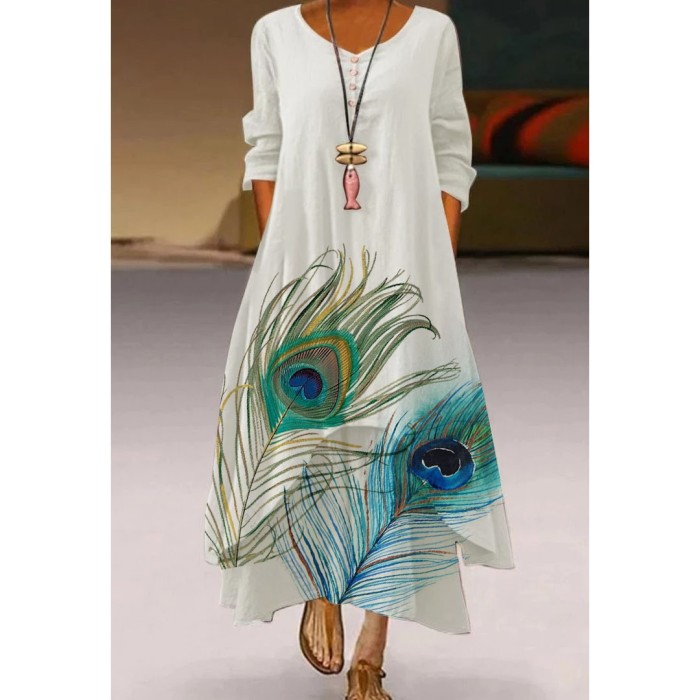 Fashion Peacock Feather Floral Bubble Short Sleeve Party  Maxi Dress