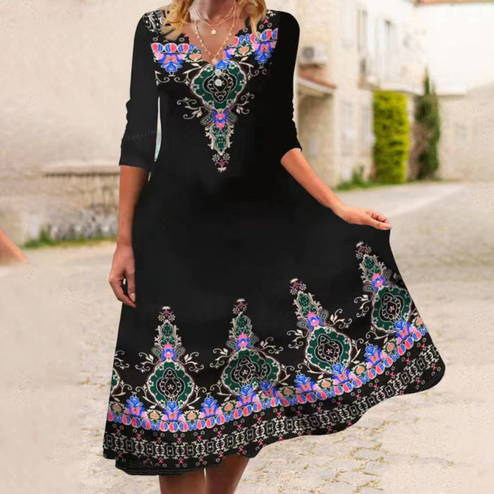 Elegant V Neck Casual Loose Printed Vintgae Boho Dress