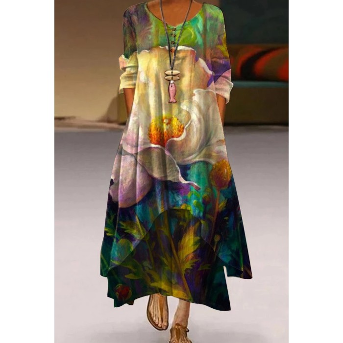 Floral Print Commuter Fashion Long Sleeve Party Casual Maxi Dress