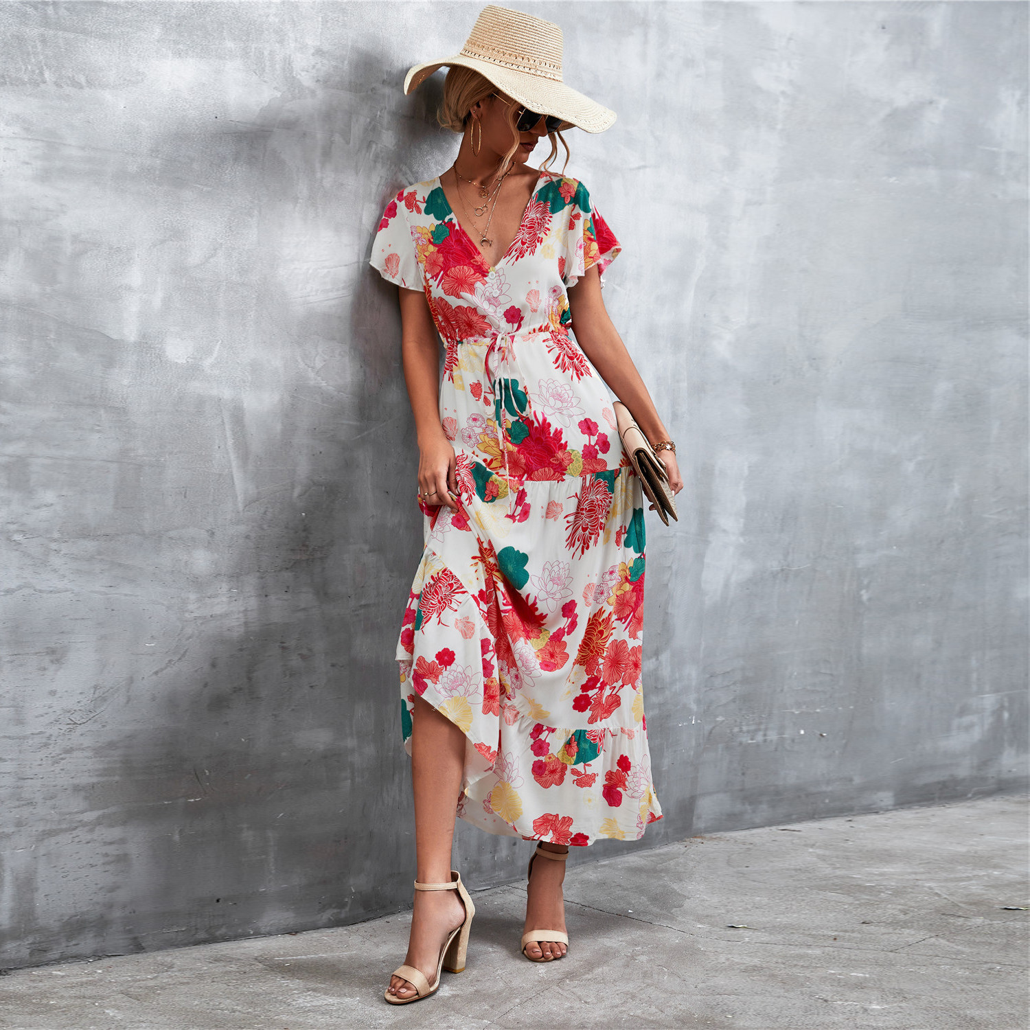 FINN FLORAL RUFFLE SHOULDER LONG DRESS