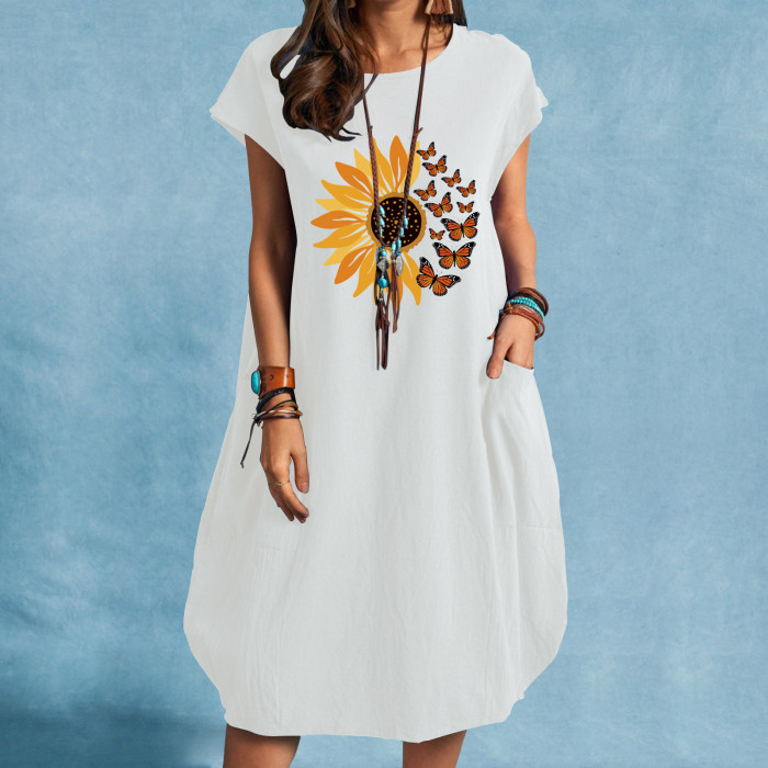 Casual O-Neck Heart Printed Linen Loose Dress