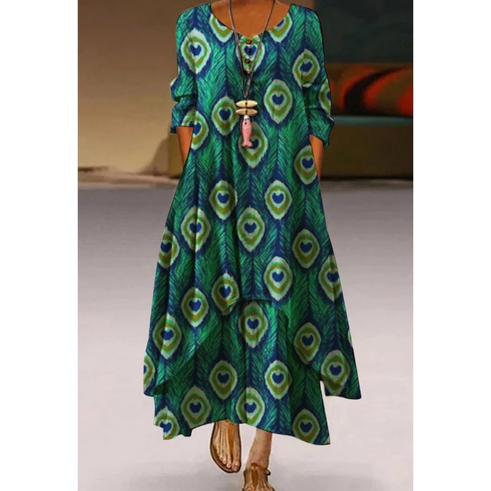 Fashion Peacock Feather Floral Bubble Short Sleeve Party  Maxi Dress