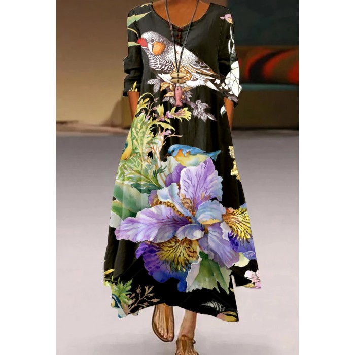Fashion Peacock Feather Floral Bubble Short Sleeve Party  Maxi Dress