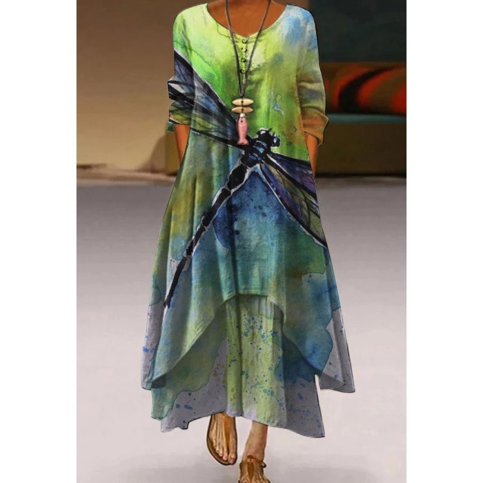 Fashion Elegant Butterfly Print Long Sleeve Retro  Casual Dress