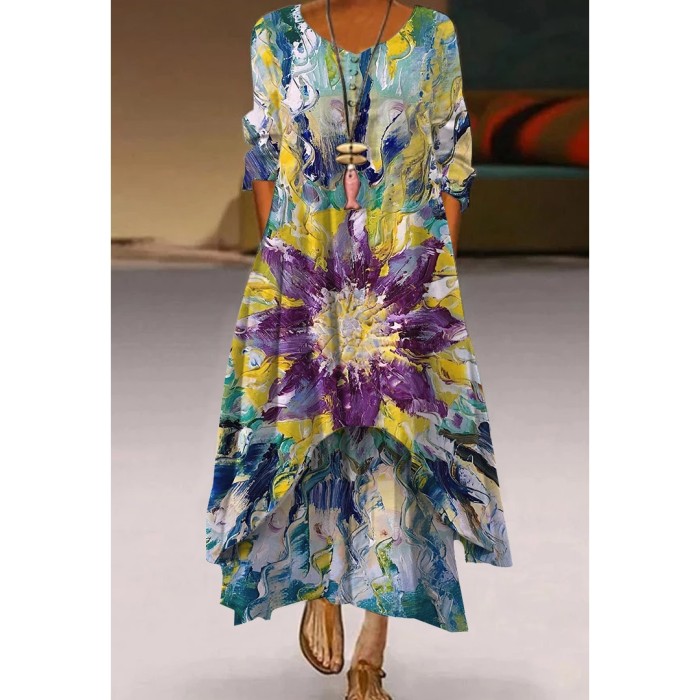 Fashion Floral Print Retro Boho Long Sleeve Casual O Neck Loose  Maxi Dress