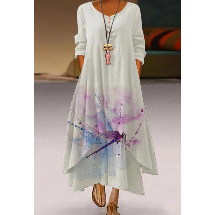 Ladies Long Sleeve V Neck Print Elegant High Waist  Maxi Dress