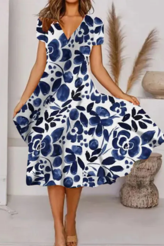 Casual V Neck Short Sleeve Elegant Printing Loose Dress