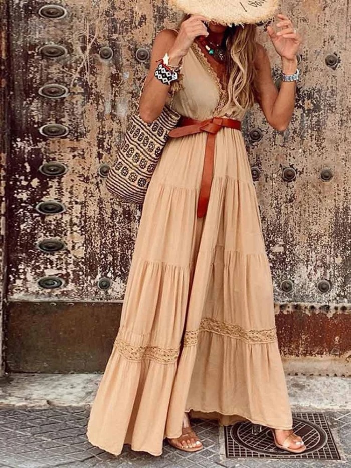 V Neck Vintage Sleeveless Boho Party Casual Dress