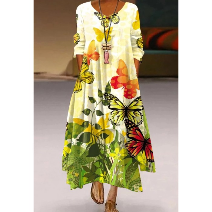 Retro Women's Casual Holiday Print Simple Long Sleeve  Maxi Dress