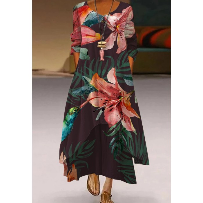 Fashion Peacock Feather Floral Bubble Short Sleeve Party  Maxi Dress