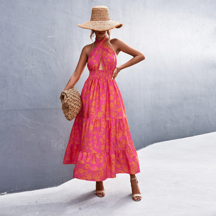 Print Floral Sleeveless Fashion High Waist Dress