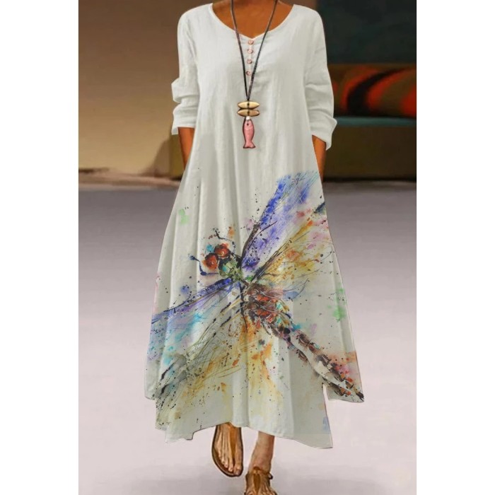 Ladies Long Sleeve V Neck Print Elegant High Waist  Maxi Dress