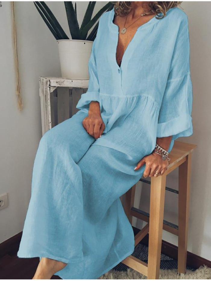 Cotton Linen Long Sleeve V-neck Casual  Vintage Maxi Dress