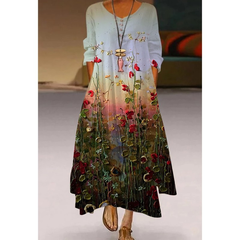 V Neck Long Sleeves Women's Street Bohemian Loose  Casual Dress