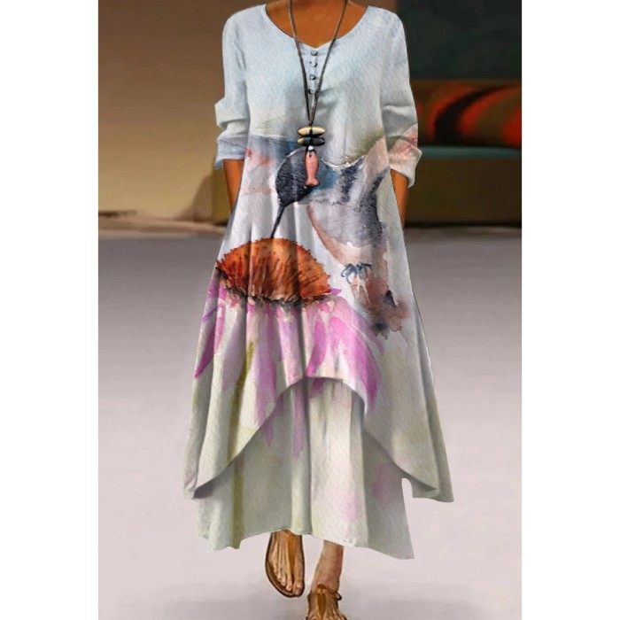 Retro Women's Casual Holiday Print Simple Long Sleeve  Maxi Dress