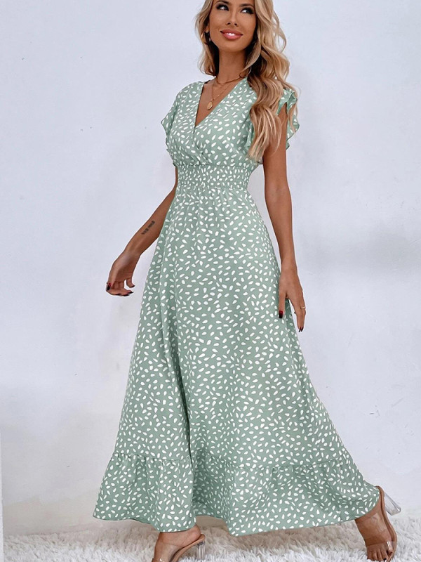 Fashion Polka Dot Print V Neck Casual Ruffle Dress