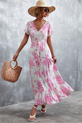 V Neck Floral Print Fashion Ruffle Dress