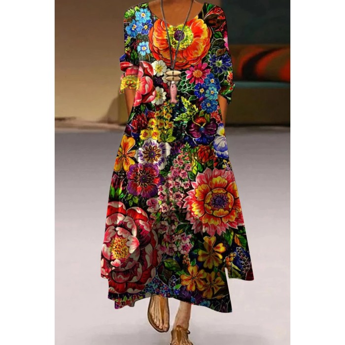 Floral Print Commuter Fashion Long Sleeve Party Casual Maxi Dress