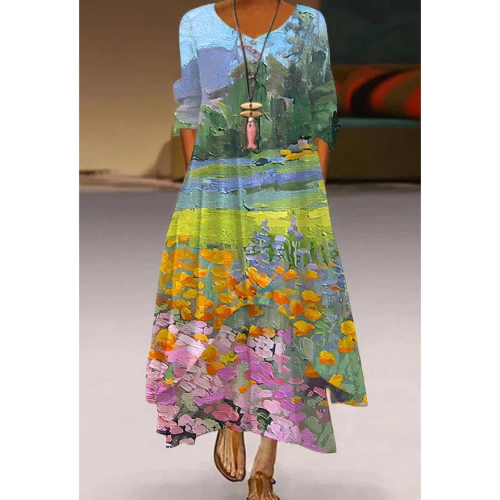 Fashion Maxi Printed Bohemian Casual Loose Long Sleeve Flowy  Maxi Dress