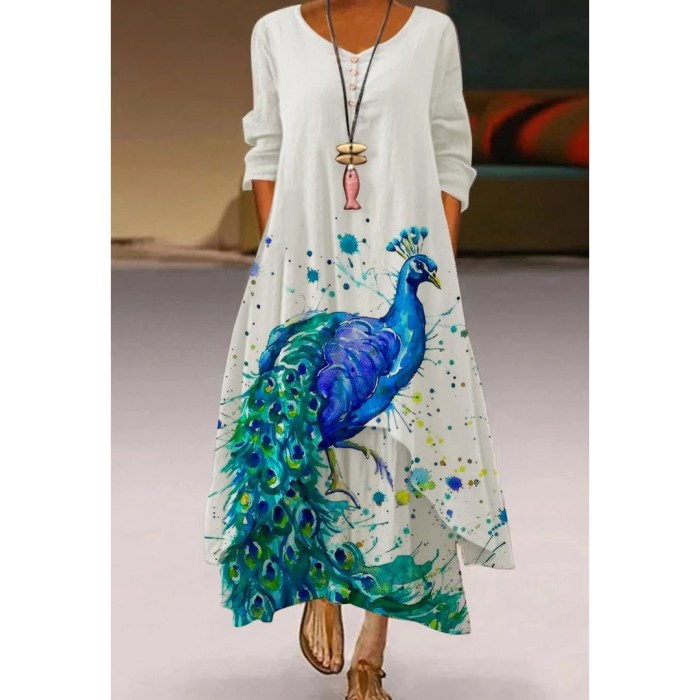 Fashion Peacock Feather Floral Bubble Short Sleeve Party  Maxi Dress