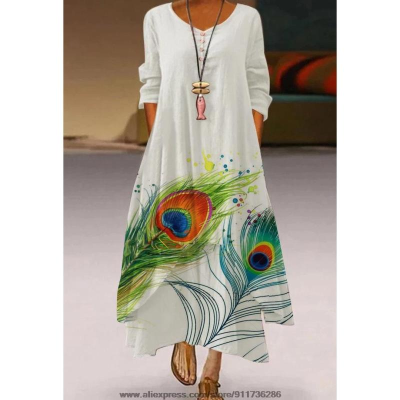 Fashion Peacock Feather Floral Bubble Short Sleeve Party  Maxi Dress