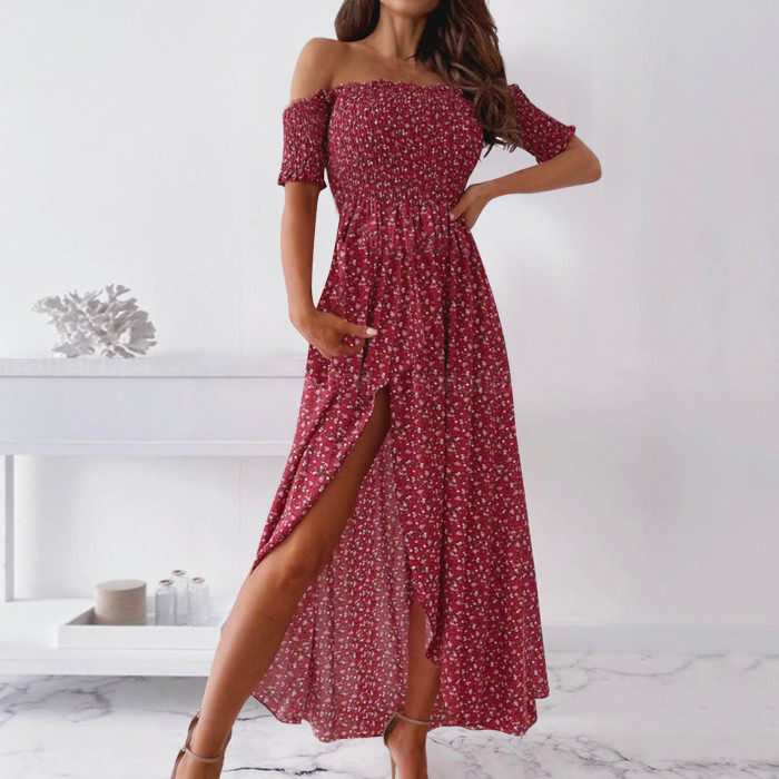 Off The Shoulder Floral Casual Elegant High Waist Slit Dress