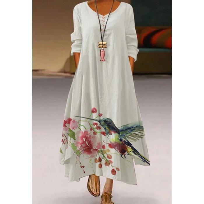 Ladies Long Sleeve V Neck Print Elegant High Waist  Maxi Dress