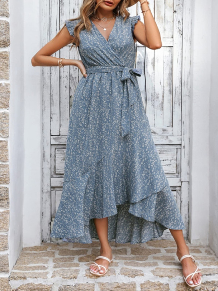 Boho V Neck Floral Print Ruffle Sleeve Casual Lace Midi Dress