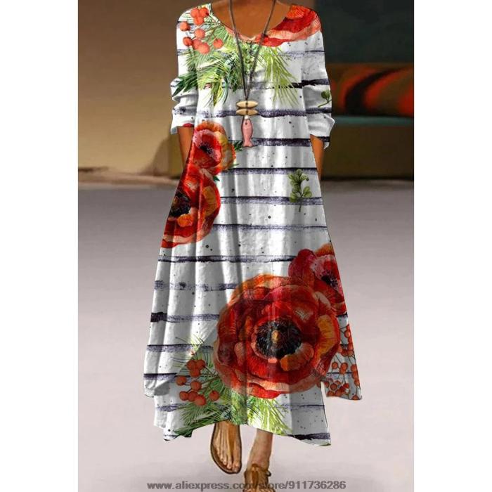 Fashion Peacock Feather Floral Bubble Short Sleeve Party  Maxi Dress