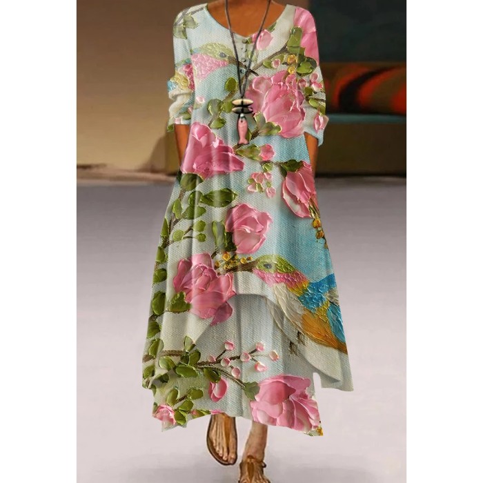 Retro Women's Casual Holiday Print Simple Long Sleeve  Maxi Dress