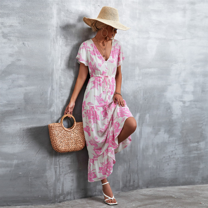V Neck Floral Print Fashion Ruffle Dress