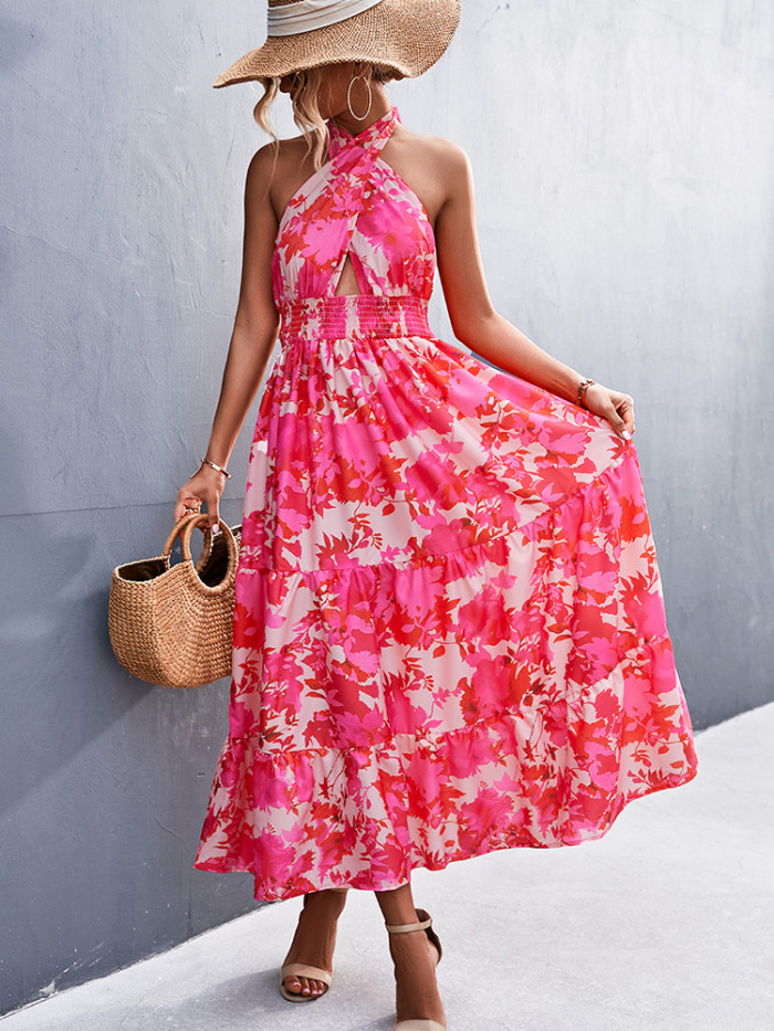 Print Floral Sleeveless Fashion High Waist Dress
