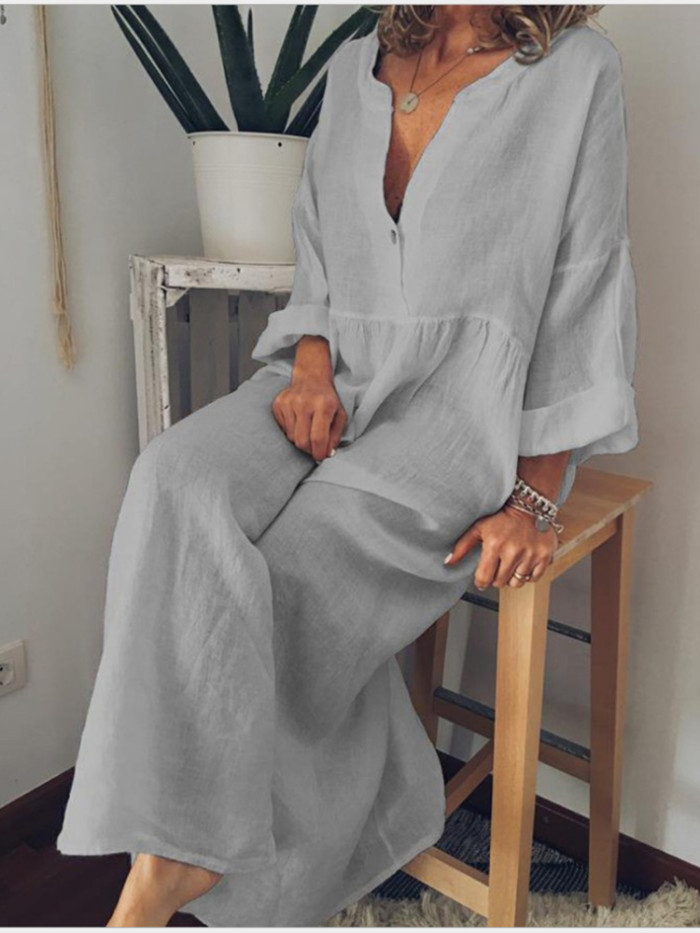 Cotton Linen Long Sleeve V-neck Casual  Vintage Maxi Dress