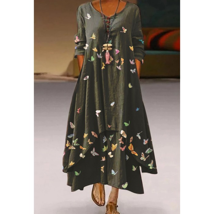 Ladies Butterfly Floral Print Sexy Fashion Casual V Neck Vintage Maxi Dress