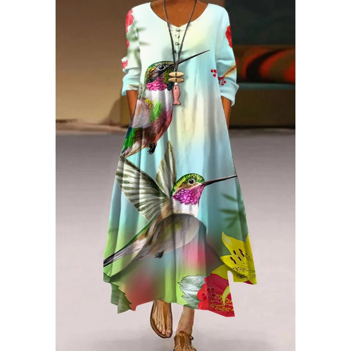 Women's V-neck Vintage Floral Loose Casual  Maxi Dress