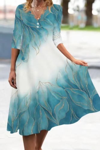 Elegant V Neck Casual Loose Printed Vintgae Boho Dress