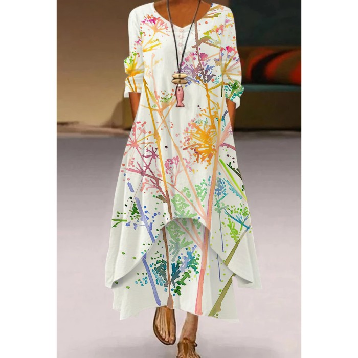 3D Printing Pattern Loose Long Sleeves Party  V Neck Casual Dress