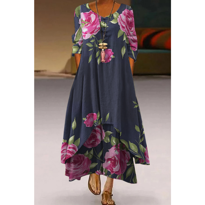 Fashion Long Sleeve V Neck Loose Casual  Maxi Dress