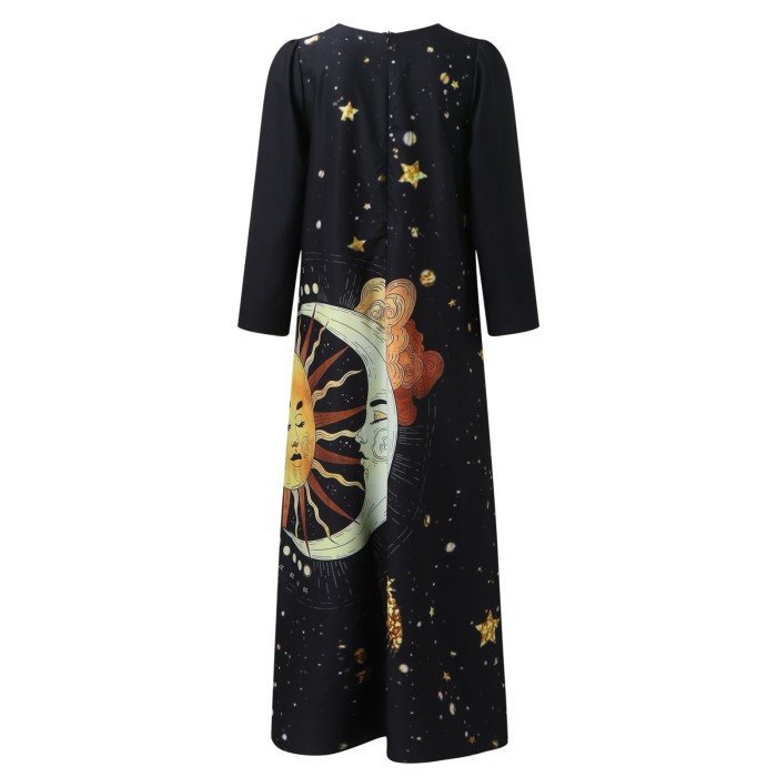 Vintage Printed V-Neck Sexy Long Sleeve Maxi Dress