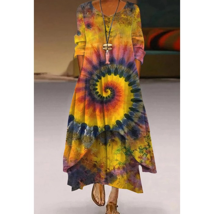 Fashion Floral Print Retro Boho Long Sleeve Casual O Neck Loose  Maxi Dress