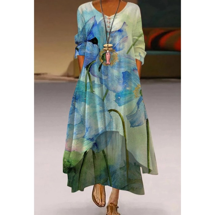Fashion Peacock Feather Floral Bubble Short Sleeve Party  Maxi Dress